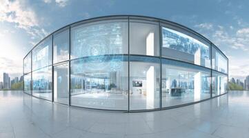 A futuristic building with glass walls and a city skyline photo