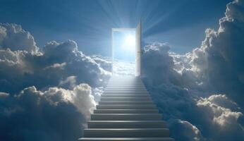 A staircase leading to an open door in the sky photo