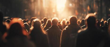 A crowd of people walking down a street at sunset photo