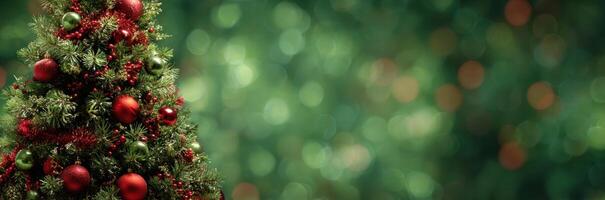 Decorated Christmas Tree in Bokeh Background Celebration and Holiday Decor with Green Backdrop and Warm Lighting for Merry Holiday Seasons photo