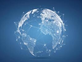 World map with connected lines and dots on blue background photo