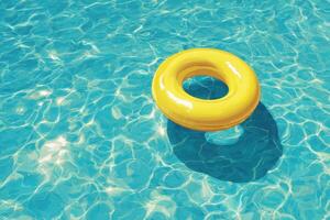 An inflatable yellow ring floating in a pool photo