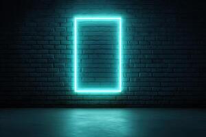 Neon sign on a brick wall with a light shining in front of it photo