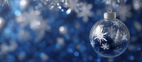 Festive Winter Decorations with Snowflake Bauble and Elegant White and Blue Background for Christmas or Holiday Season Celebrations and Joyful Festive Mood photo