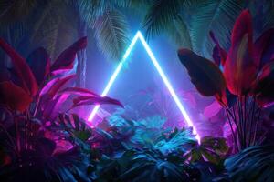 Neon Triangle in the Lush Tropical Rainforest Jungle at Night A Surreal Scene of Glowing Plants with Futuristic Ambient Lighting photo