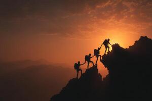 The Power of Teamwork Illustrates Four People Helping Each Other Climb to the Summit Against a Glowing Orange Sunset Sky While Creating a Sense of Unity photo