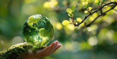 Earth in a glass globe on a green background photo