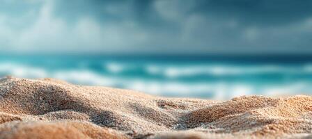 Seaside Sand Dune Landscape Ocean View with Overcast Sky Golden Sand and Turquoise Water Vacation Ambience Beautiful Relaxing Beach Scene photo