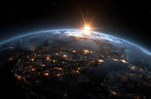 Our Earth A Beautiful Planet Orbiting The Sun Space Is Filled With Stars And Light Creates An Incredible Scene In Outer Space photo