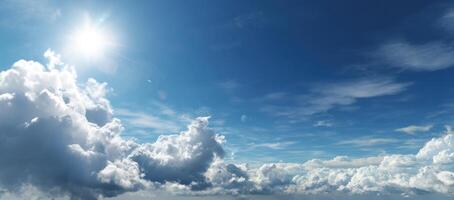 Bright Sunlit Sky With Clouds Aerial View Panorama Fluffy Layered Cloudscape Beautiful Peaceful Weather Perfect Clear Scenic Over White photo