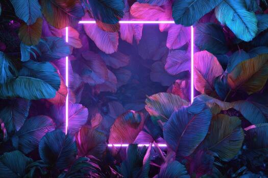 Neon neon square frame in jungle background photo