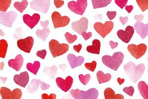 An Array of Watercolor Hearts in Various Shades of Pink and Red on White Background Perfect for Valentines Day Design Concept photo