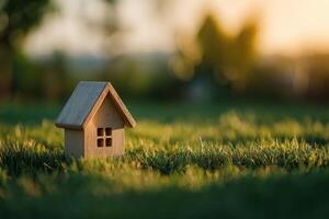 A small wooden house sits in the grass photo