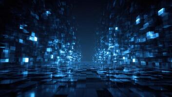 Abstract blue light tunnel with cubes and lights photo