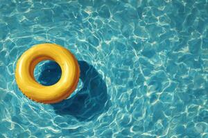 Yellow Inner Tube Floating Peacefully on a Refreshing Blue Swimming Pool, Providing a Relaxing Summer Vacation Experience and a Sense of Serenity photo