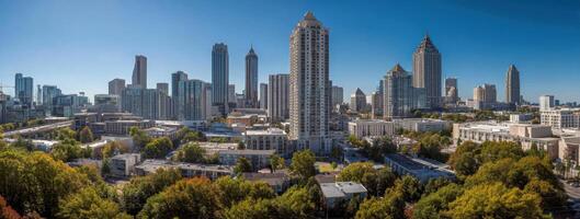 The atlanta skyline is seen from above photo