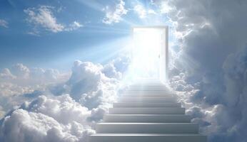 Stairway to Heaven An Artistic Depiction of Eternal Ascent Leading to a Portal of Light Among the Clouds Symbolizing Spiritual Journey photo