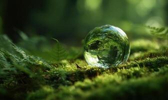 A glass globe sitting on the ground in the middle of a forest photo