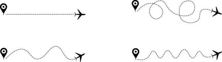 Airplane flight dotted route line set. Airplane line path icon. Flight route with start point and dash line trace for plane vector