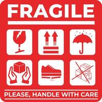 Fragile sticker for packaging and shipping. Handle with care, red fragile warning label, fragile label with broken glass, keep dry, upward, and do not trample vector