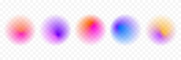 Blur circle gradient shape set. Colored smooth sphere gradation collection. Y2K blurry round aura pack. Bright iridescent abstract blob bundle for collage, poster, template, badge, sticker. vector