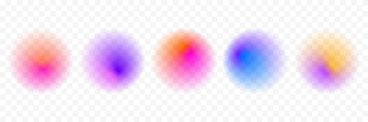 Blur circle gradient shape set. Colored smooth sphere gradation collection. Y2K blurry round aura pack. Bright iridescent abstract blob bundle for collage, poster, template, badge, sticker.