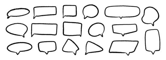 Hand drawn speech bubbles set. Doodled crayon dialog box collection. Sketched textured comic talk frames. Round, square or triangle balloon text box bundle. Chalk pencil chat cloud pack. vector