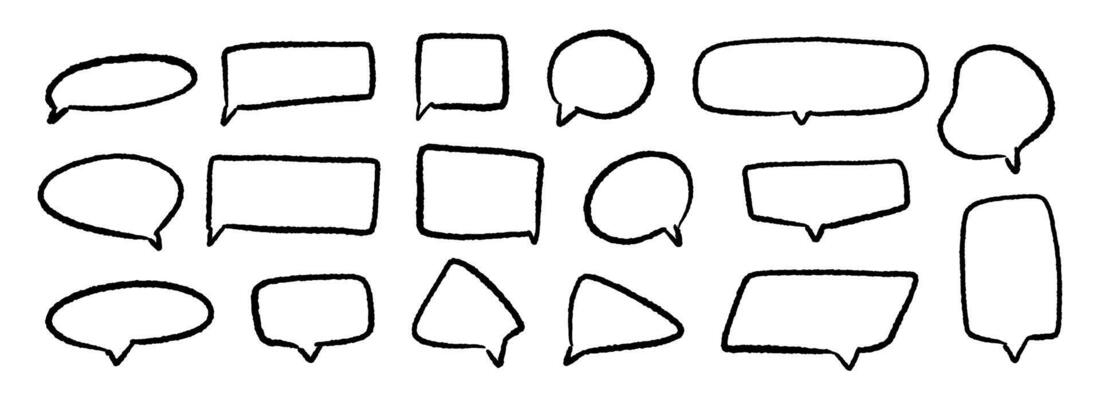 Hand drawn speech bubbles set. Doodled crayon dialog box collection. Sketched textured comic talk frames. Round, square or triangle balloon text box bundle. Chalk pencil chat cloud pack.