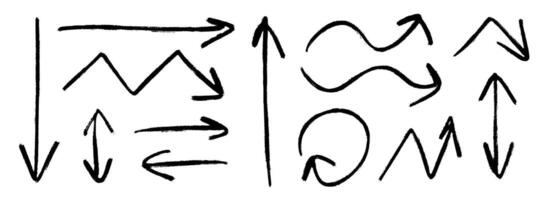 Hand drawn crayon arrow collection. Black curve, zig zag and straight doodle arrows set. Pastel pencil, chalk or marker brush stroke elements. Grunge charcoal sketch pointers or direction lines vector