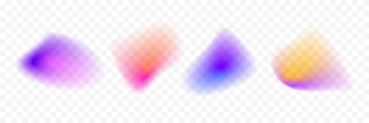 Abstract blur gradient shape set. Pastel colored smooth blob gradation collection. Y2K blurry round aura pack. Bright iridescent fluid liquid bundle for collage, template, badge, sticker.