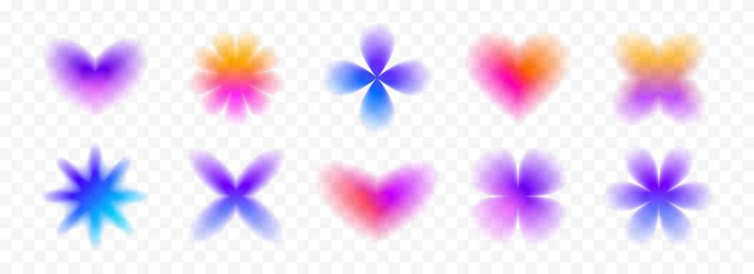 Colorful blurred gradient flowers and hearts collection. Bright blur aura shapes set. Fading abstract elements for poster, template, badge, sticker, collage. Iridescent smooth form stars pack