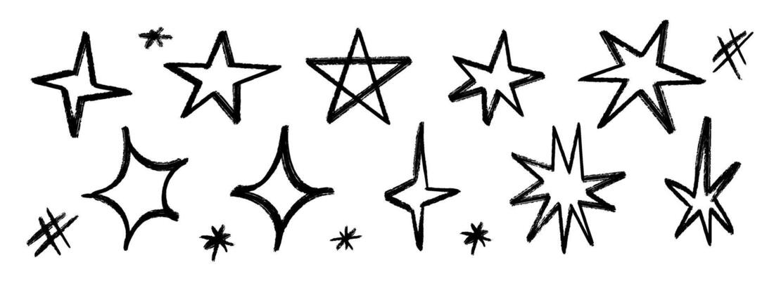 Black crayon hand drawn star set. Childish doodled sparks and sparkles collection. Grunge rough brush stroke shine elements pack for collage, poster, sticker. Kid sketched wax pencil symbols.