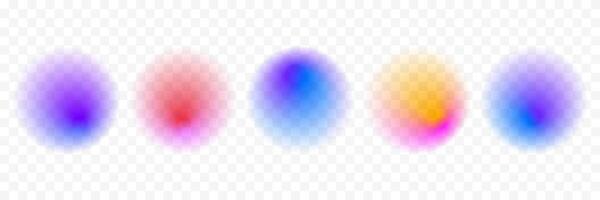 Blur circle gradient shape set. Colored smooth sphere gradation collection. Y2K blurry round aura pack. Bright iridescent abstract blob bundle for poster, template, badge, sticker, collage vector