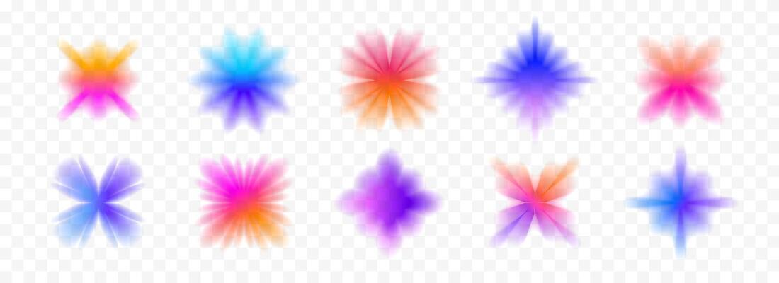 Colorful blurred gradient flowers and stars collection. Bright blur aura shapes set. Fading abstract elements for poster, template, badge, sticker, collage. Iridescent smooth form flower pack