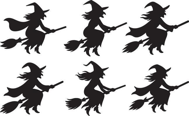 Flying witch on broomstick set in flat black silhouette design illustration Halloween bundle