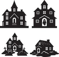 Haunted House Silhouette Illustration with Ghosts and Graveyard Elements for Halloween vector