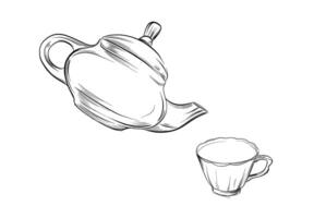 Vintage teapot with teacup line drawing vector
