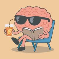 Happy brain character relaxing while reading a book and holding a glass of iced lemon tea vector