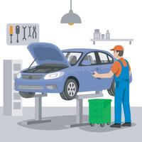 Mechanic is servicing a car in a neat garage vector