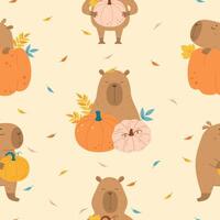 Autumn pattern with funny capybaras with pumpkins vector