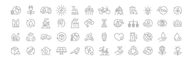 Thin line style Ecology icons set. Environment related icons. sustainable future, recycling, green energy, and more. Pictograms and infographics editable stroke vector