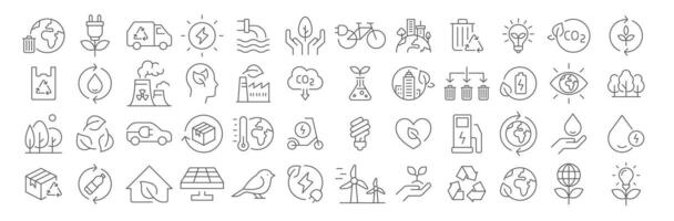 Ecology icons set thin line style of environment related icons. sustainable future, recycling, green energy, and more. Pictograms and infographics editable stroke vector
