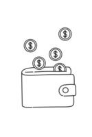 Black and white illustration a wallet Lot of coin money issolated on white. Finance element vector
