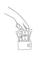 Black and white line art illustration of a hand Take a money from wallet. Finance element coloring book vector