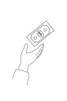 Black and white line art illustration of a hand Catching dollar money wallet. Finance element coloring book vector