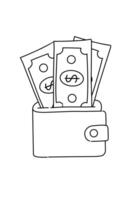 Black and white illustration a wallet Lot of money issolated on white. Finance element vector