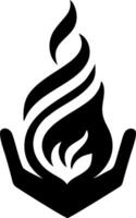 A stylized fire logo held within two hands. vector