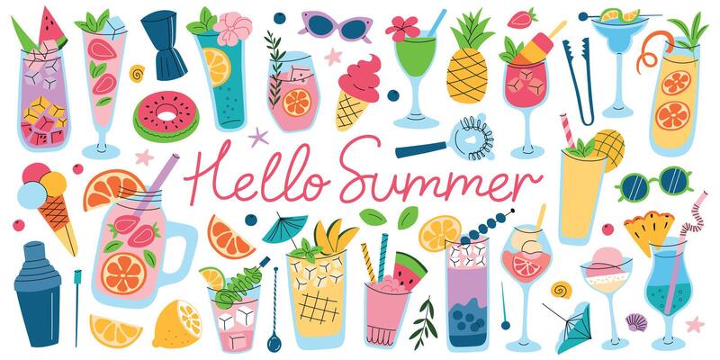 Cartoon set of summer drinks, fruity cocktails, smoothies, ice cream and tropical fruits with hello summer lettering. Flat illustration for seasonal cards, posters, food and vacation collection