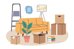 illustration of moving day scene with furniture, cardboard boxes and home items. Sofa, lamp, plants and books during relocation, step ladder and scattered belongings, settling into new home vector