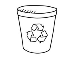 Trash can with garbage recycling sign hand drawn in doodle style. vector
